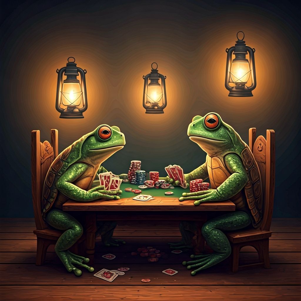 Frogs and Turtles Play Poker in Nostalgic Setting