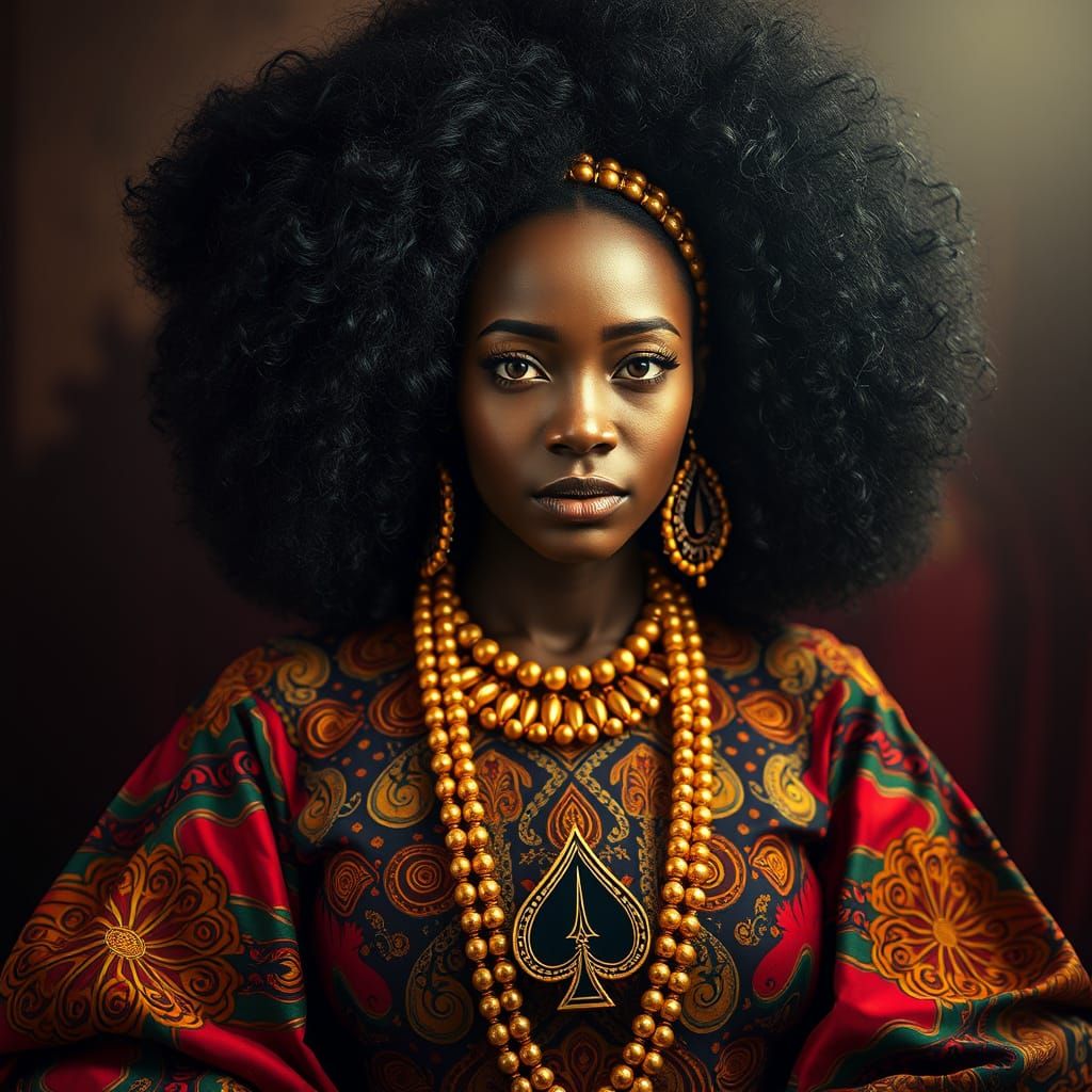 VOLOPTIOUS BLACK WOMAN IN TRADTIONAL AFRICAN ATTIRE WITH ACE OF SPADE LOGO