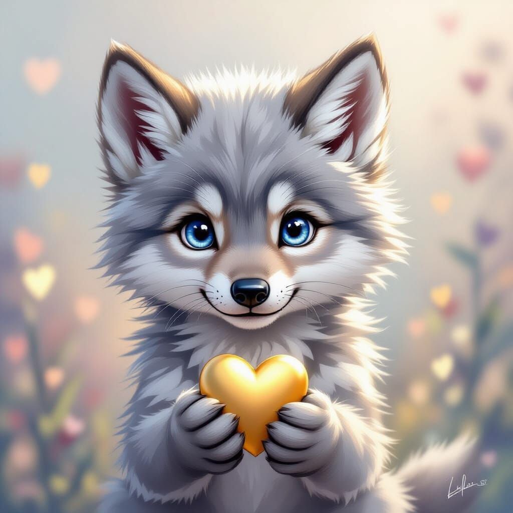 Whimsical Wolf Cub with Heart, Colored Pencil Sketch