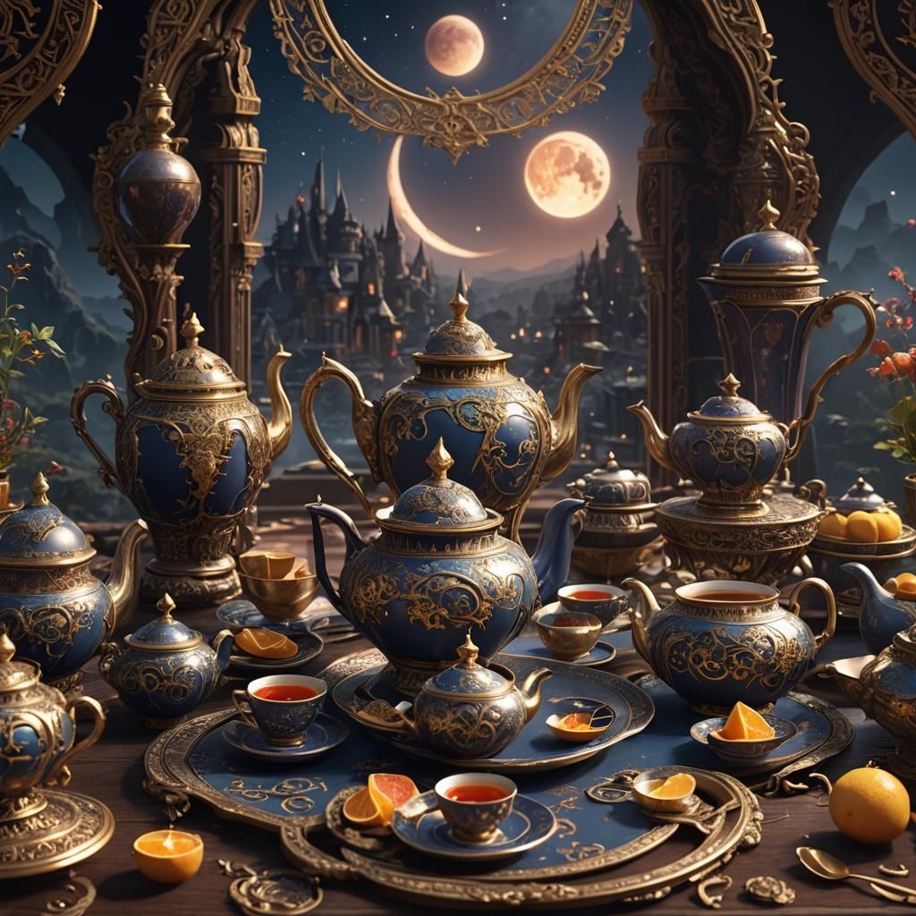 Lunar Eclipse Magic Ritual with Ornate Tea Set