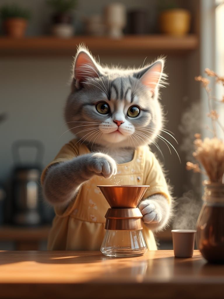 Whimsical Coffee Shop Cat in Soft Gray and Pastel Hues