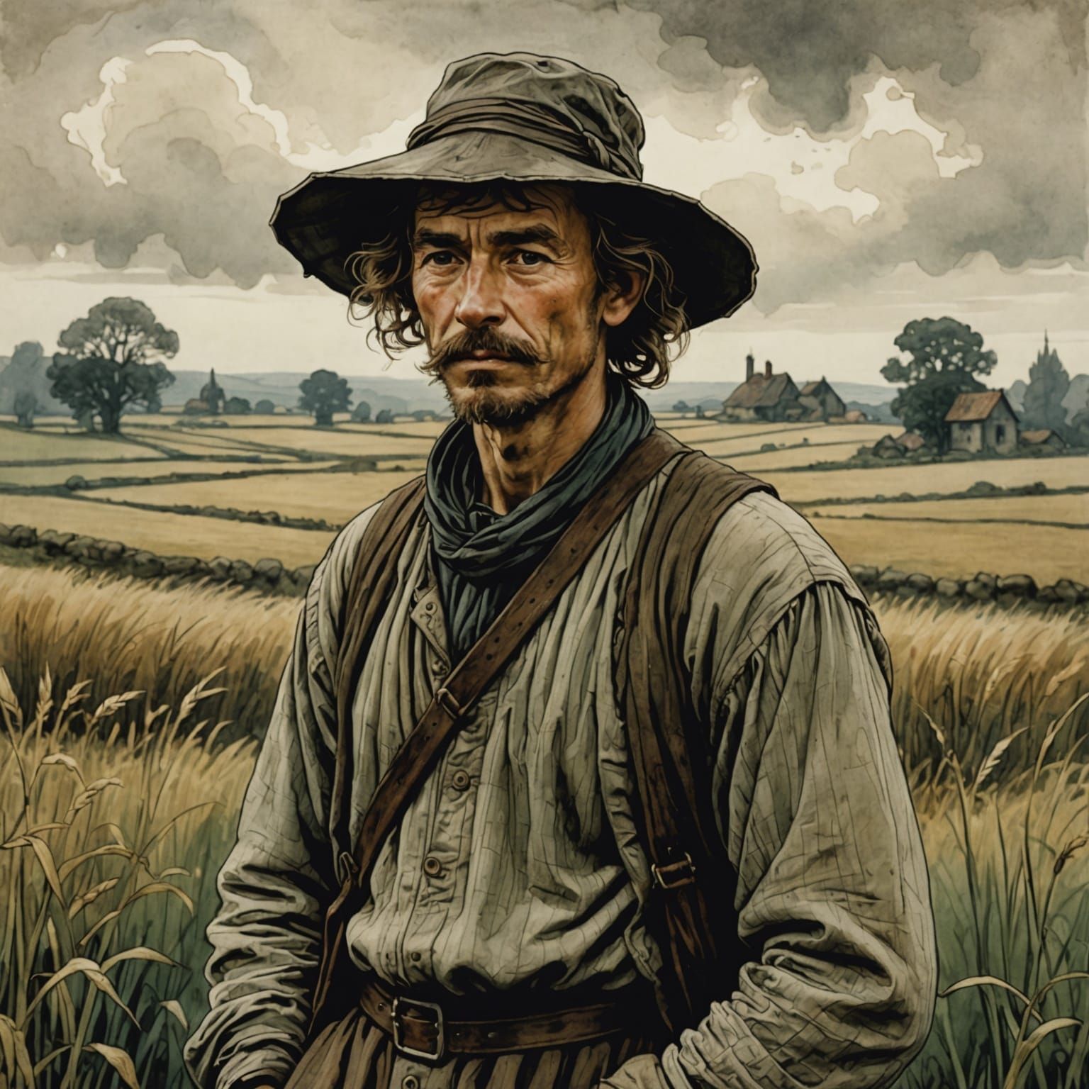 Peasant in Field, Arthur Rackham Style Portrait