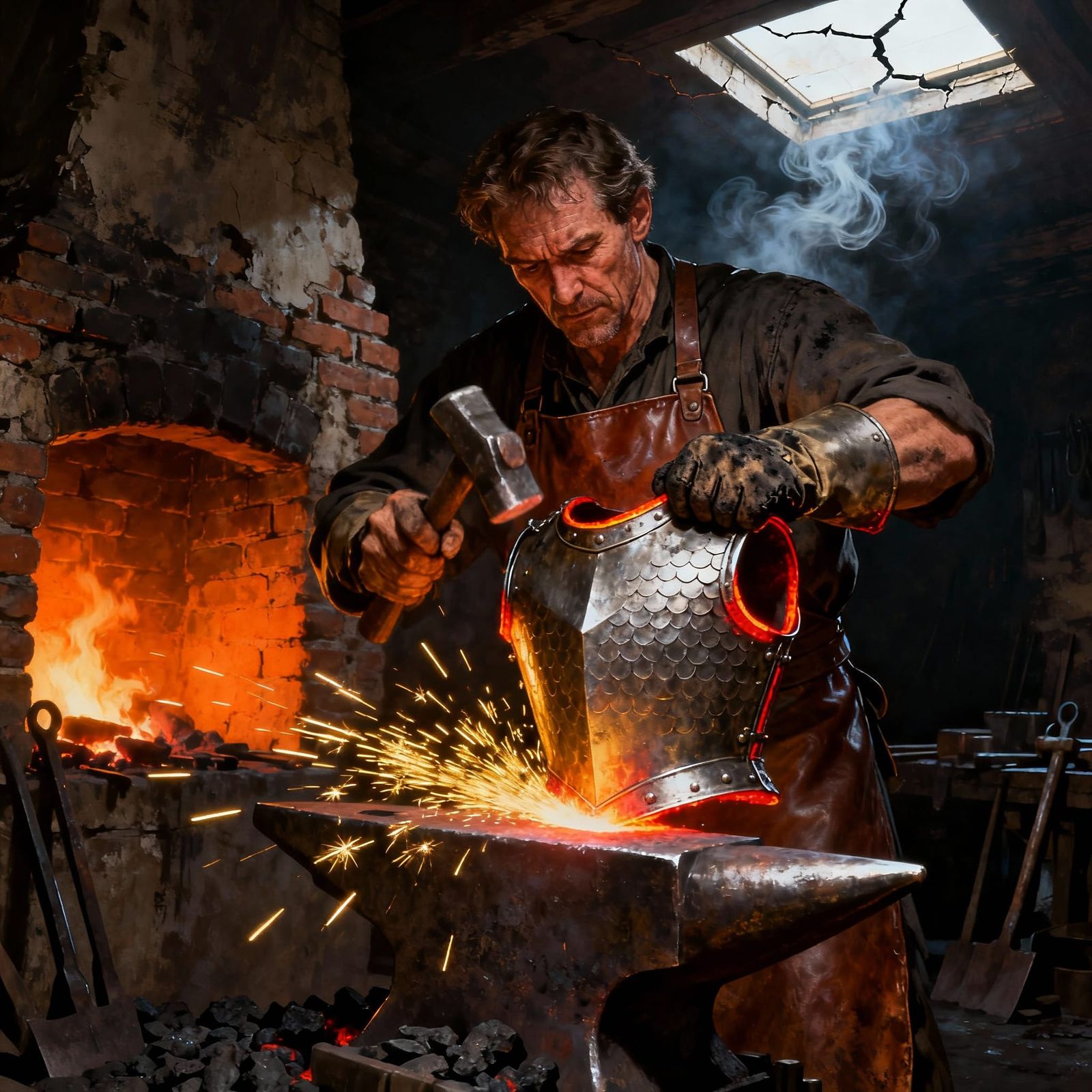 Armorer Forging Steel Chest Plate in Dramatic Forge
