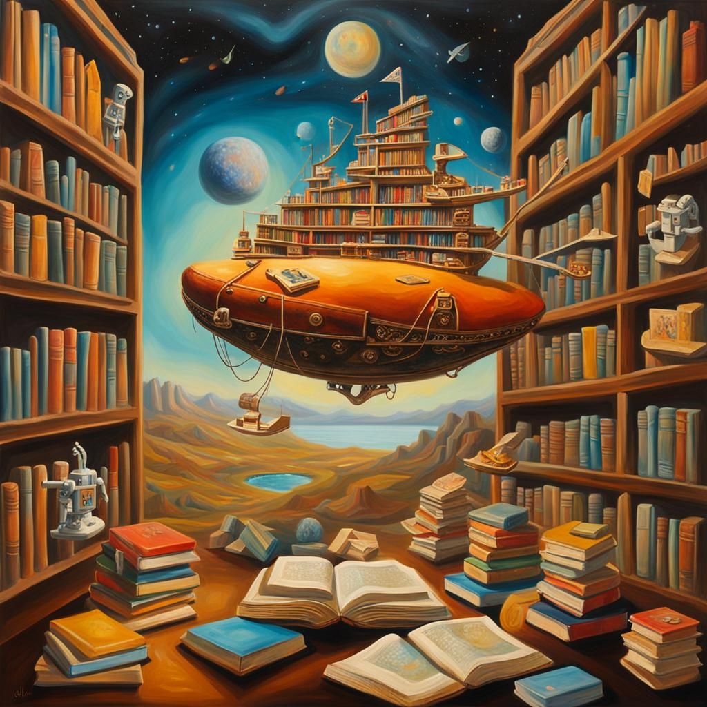 Surreal Starship Docks in Library: Dali-esque Oil Painting