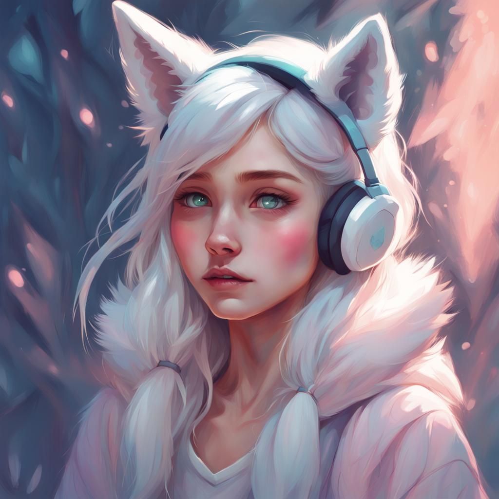 Cute Girl with Wolf Ears in Pastel Colors