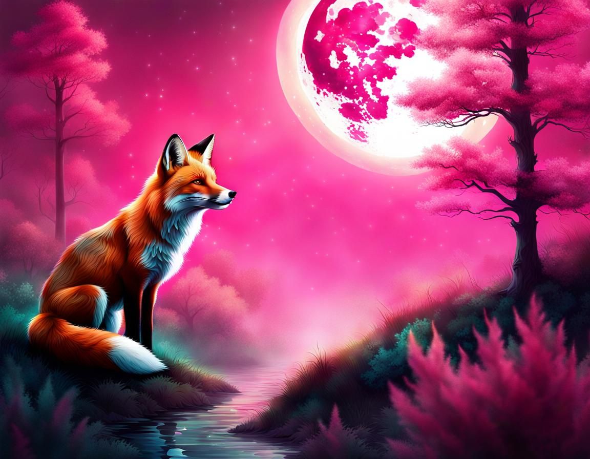Fox with Cigarette Under Pink Moon: Surreal Illustration