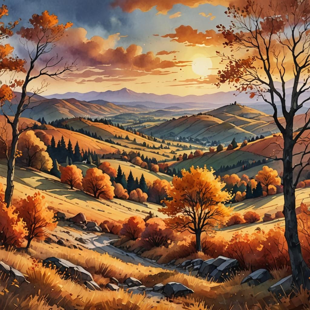 Autumn Sunset Landscape in Digital Watercolor Style