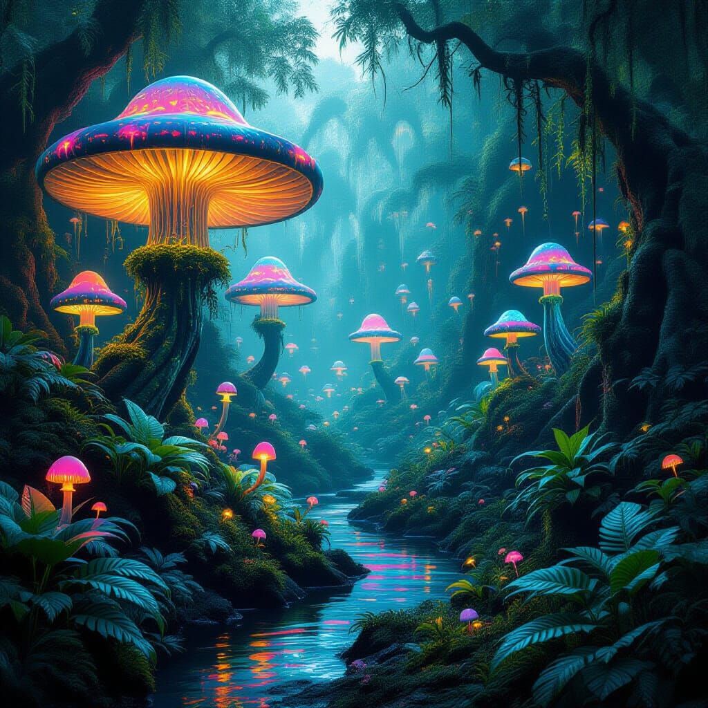 Surreal Bioluminescent Jungle with Glowing Alien Flora