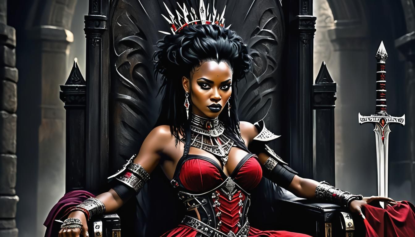 Gothic Tribal Queen on Throne in Hyperrealistic Detail