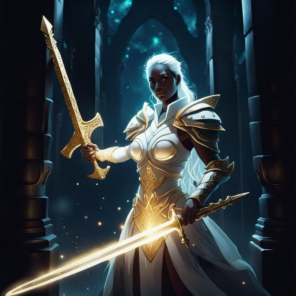 Warrior Woman with Glowing Sword in Dark Room
