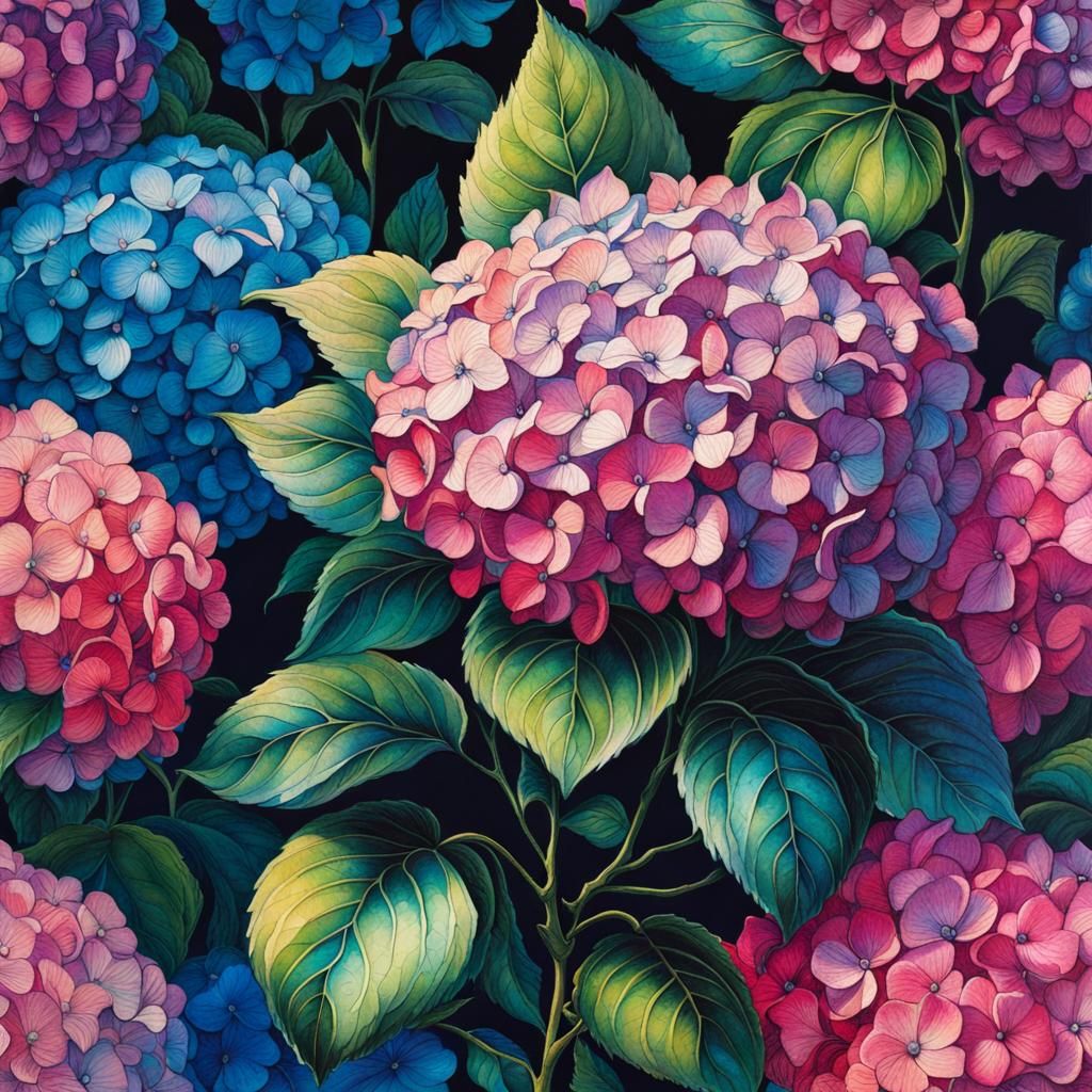 Botanical Ink Hydrangea Drawings with Dynamic Lighting