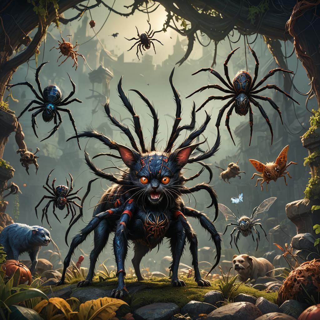 Surreal Spider-Dog-Cat Hybrid: Detailed Matte Painting