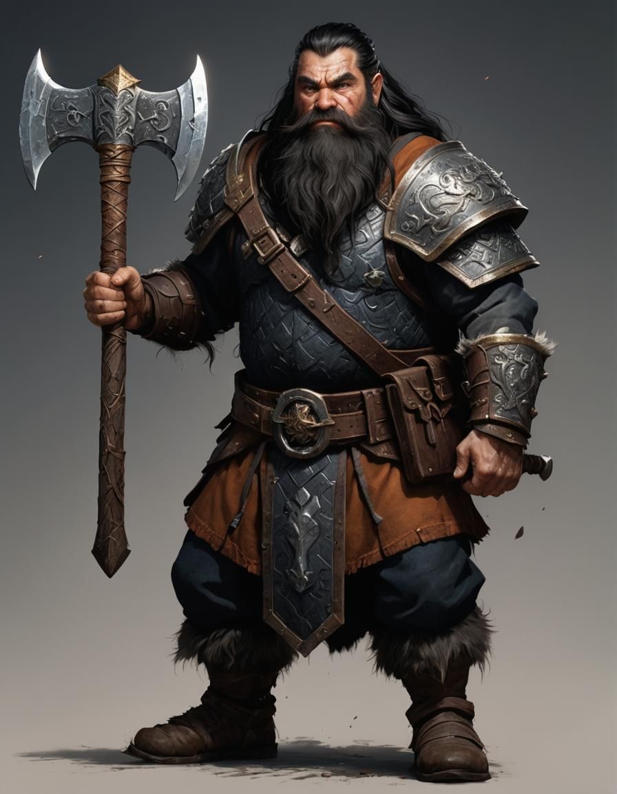 Male dwarf warrior with long black hair and beard and brown ...