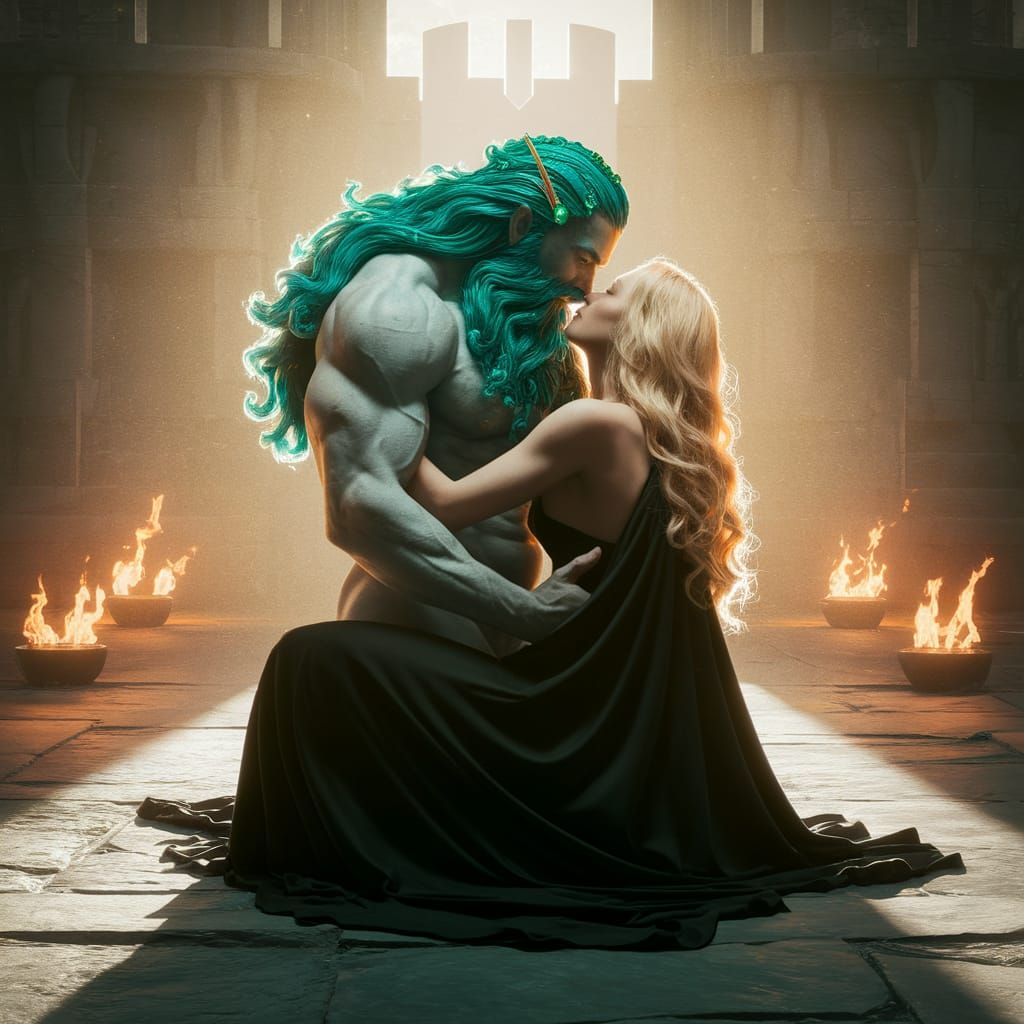 Sea King Embraces Woman in Castle