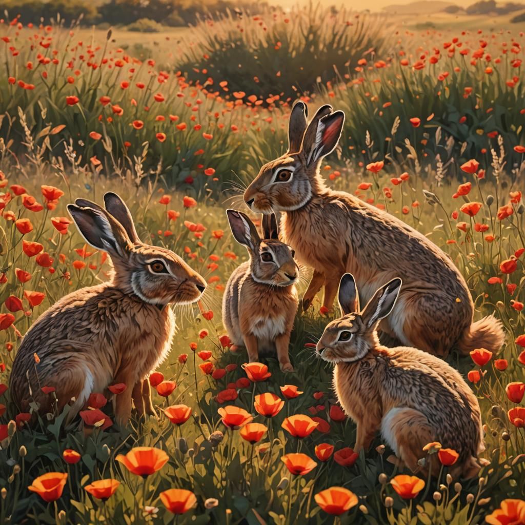 Hares Meeting in Poppy Field at Sunrise