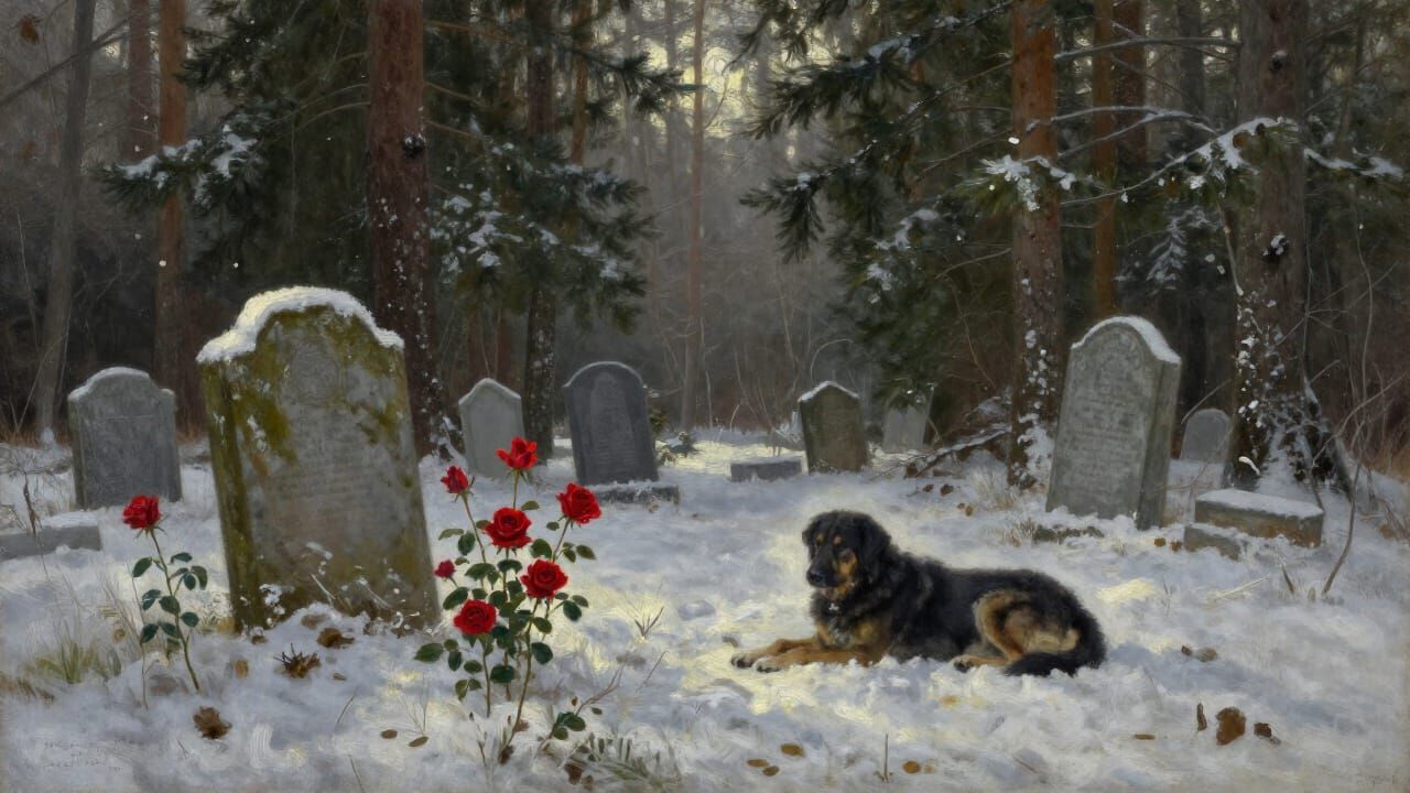 Snowy Graveyard Scene with Dog and Roses