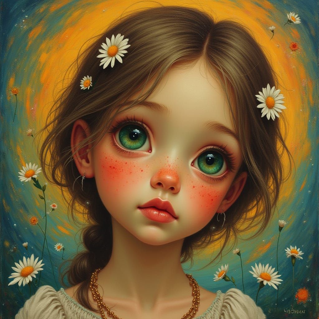 Surreal Portrait of Girl with Daisies in Dreamlike Style