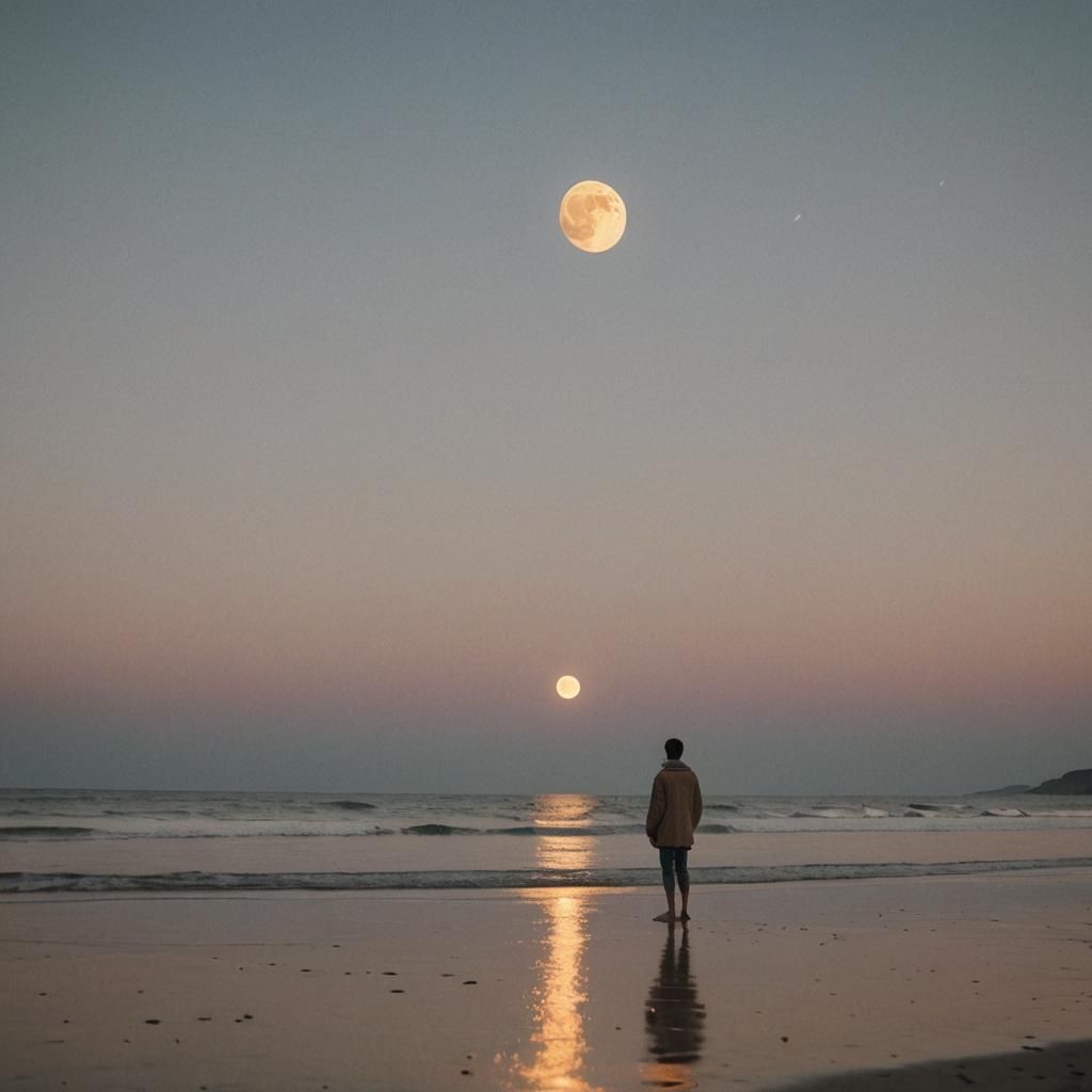 Lone Figure on Beach at Moonrise: Cinematic Film Still