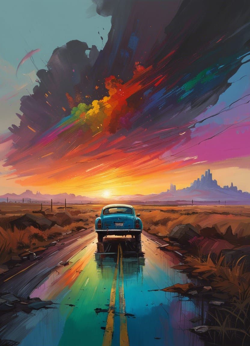 Rainbow Sunset Road: A Colorful Matte Painting