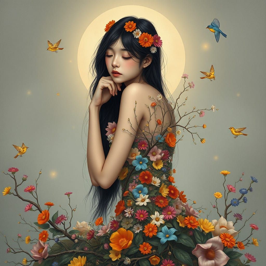 Ethereal Woman in Floral Latticework, Inspired by Surrealism