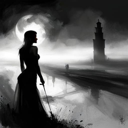 Ethereal Night Scene with Rising Vapor and Shadows