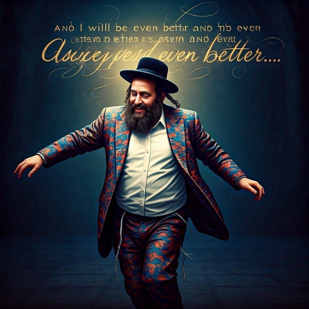 Joyful Hasidic Man Dancing with Golden Text