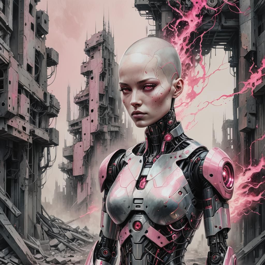 Cyborg Girl Portrait with Double Exposure Effect