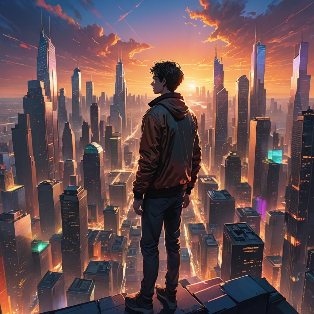 Hopeful Figure Gazes at Radiant Metropolis