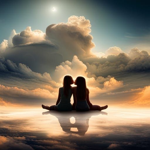 Girls Kissing on Cloud at Twilight