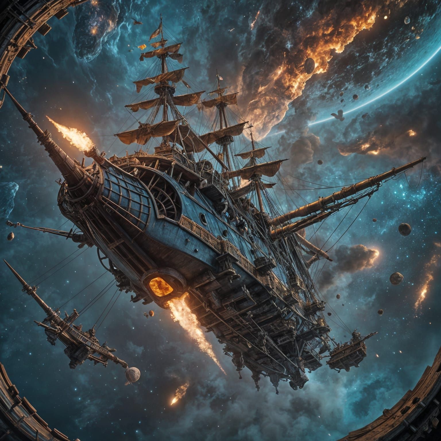 Galleon Spaceship Navigating a Black Hole