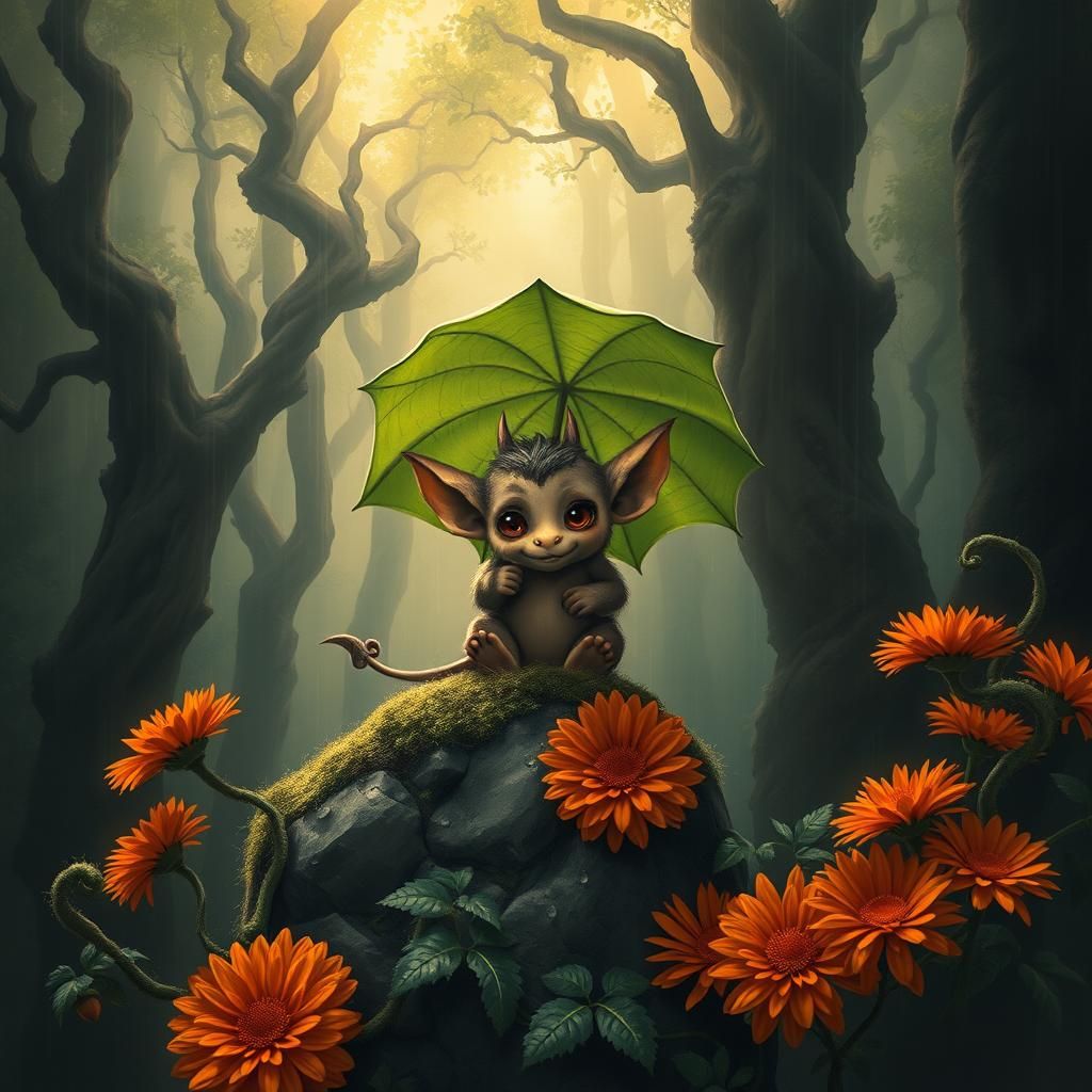 Demon Creature Shelters from Rain in Mystical Forest