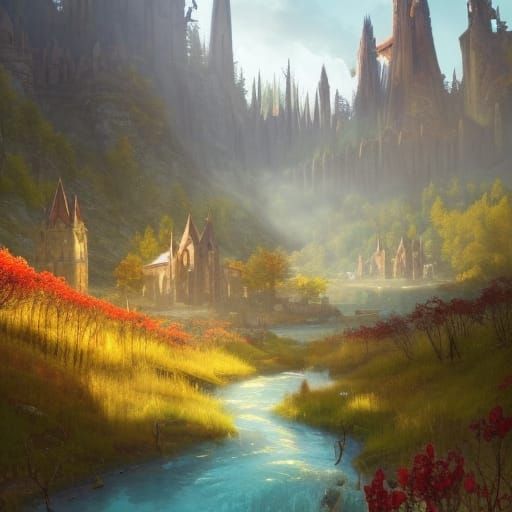 Elven City in Golden Meadow: Dark Fantasy Art