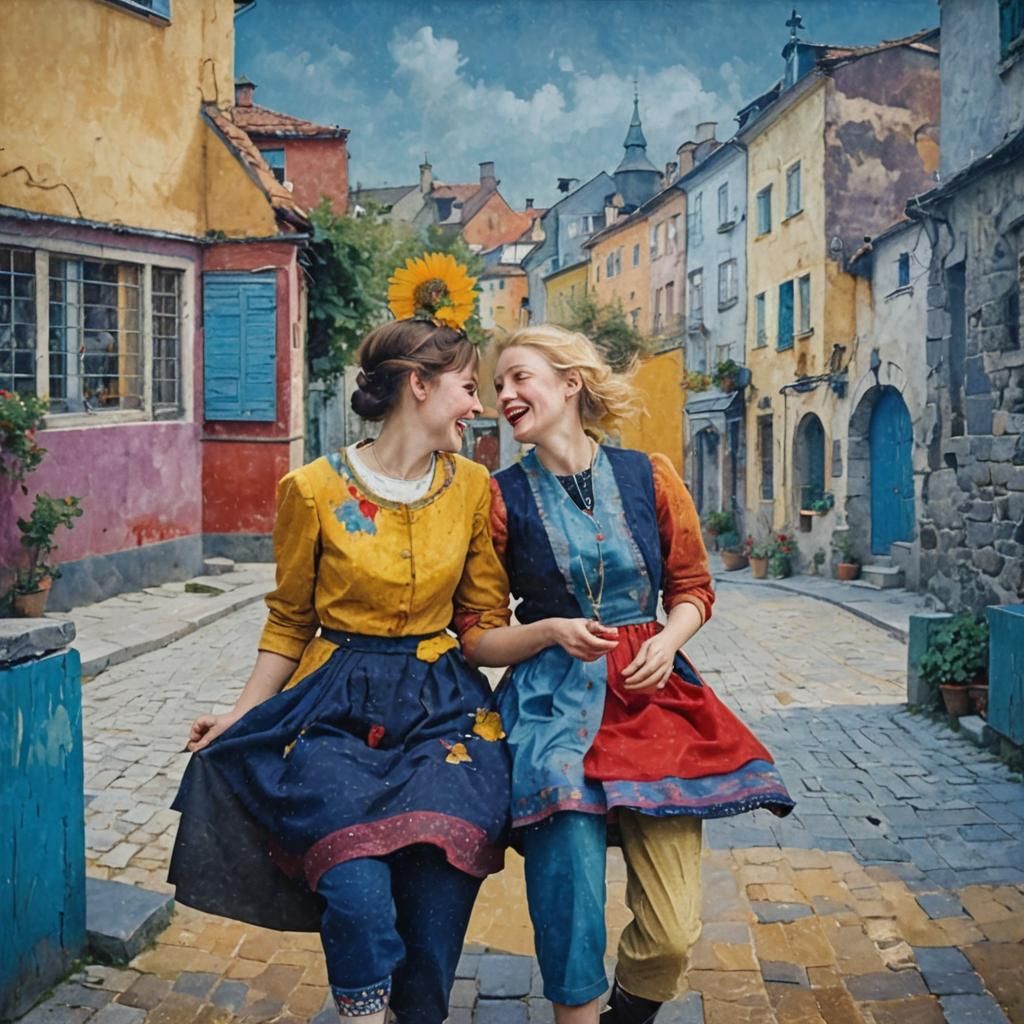Laughing Sisters in Hyperrealistic Matte Painting