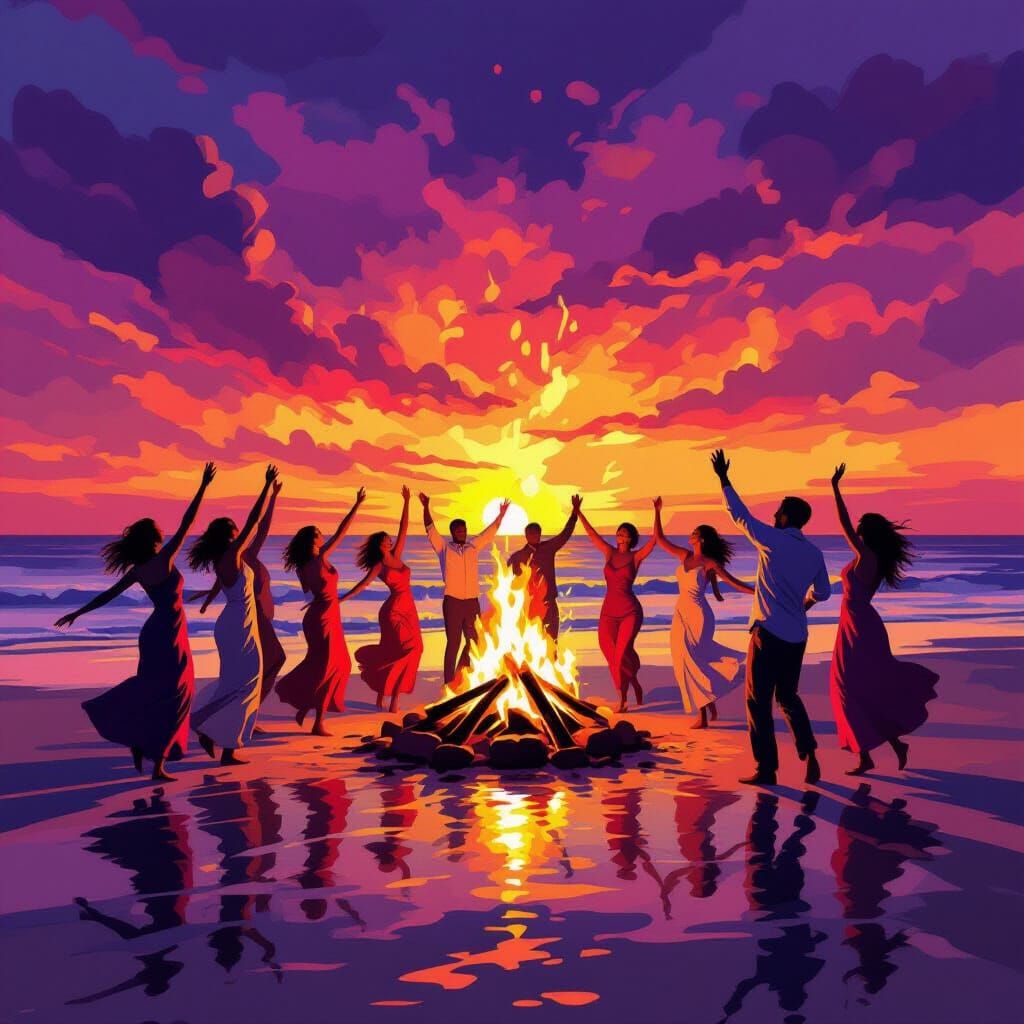 Vibrant Sunrise Beach Dance in Fauvist Style