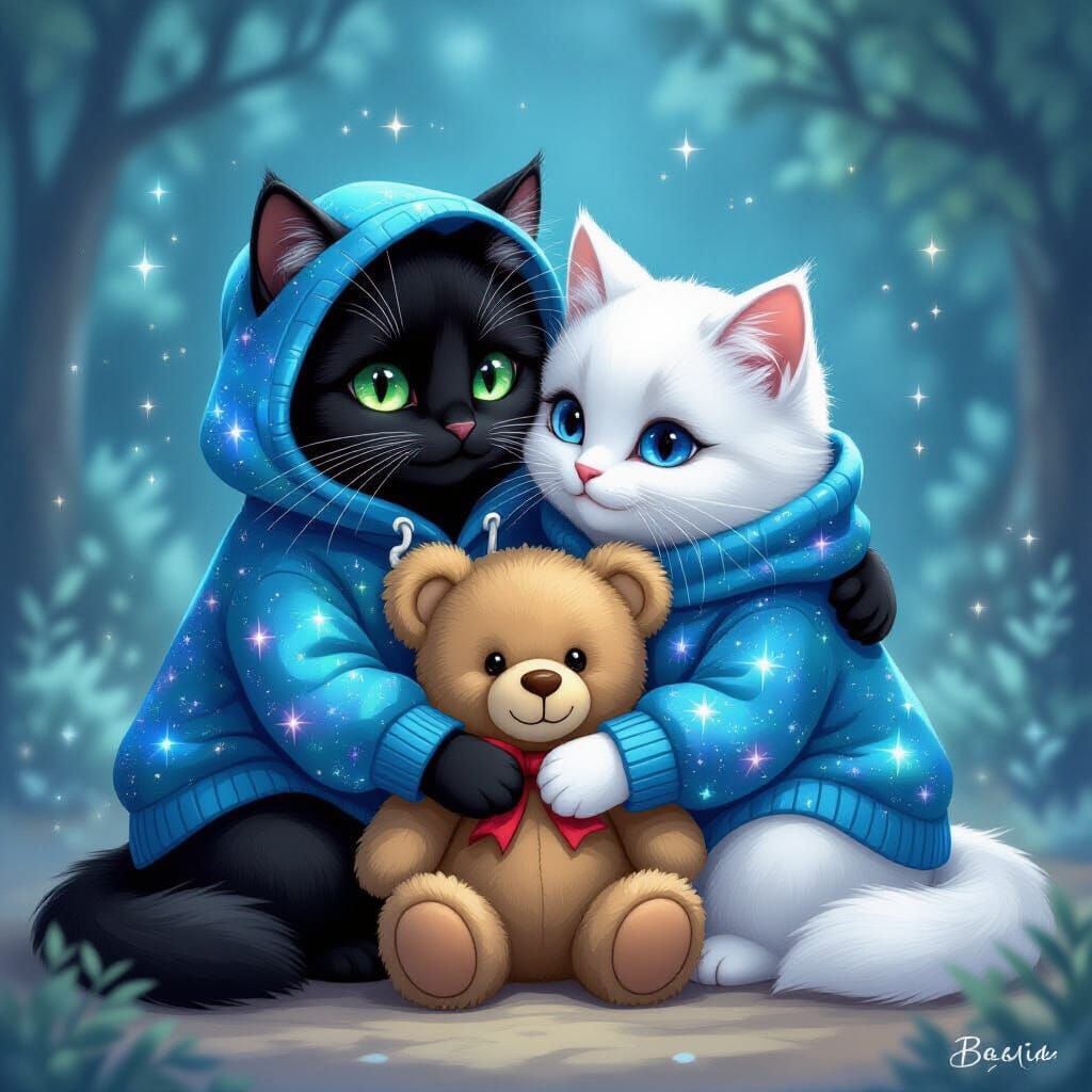 Cats in Magical Hoodies Hugging Teddy Bear