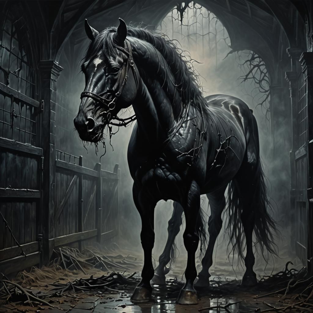 Dark Gothic Horse Devouring Viewer in Ominous Stable