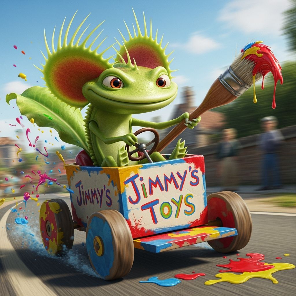 Venus Flytrap Races in Toy Box Go-Cart Splattering Paint