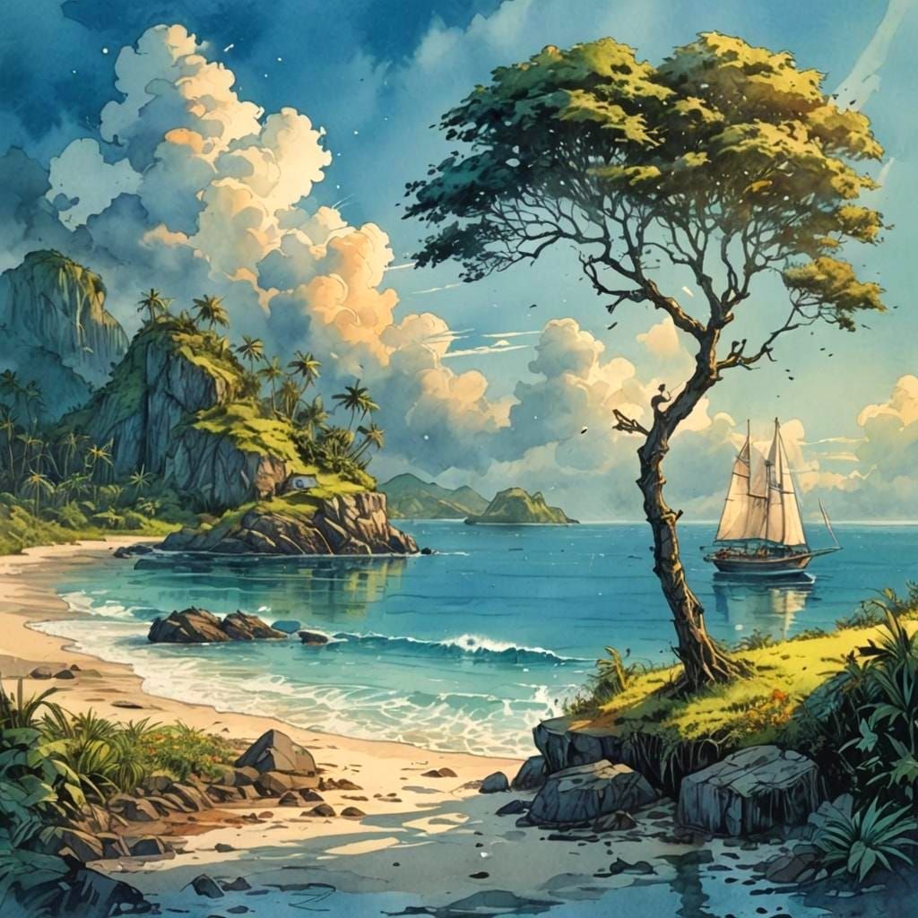 Tropical Island Comic Book Watercolor Art