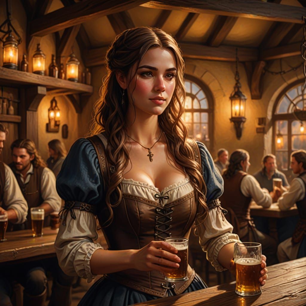 Medieval Tavern Waitress in Fantasy Art Style
