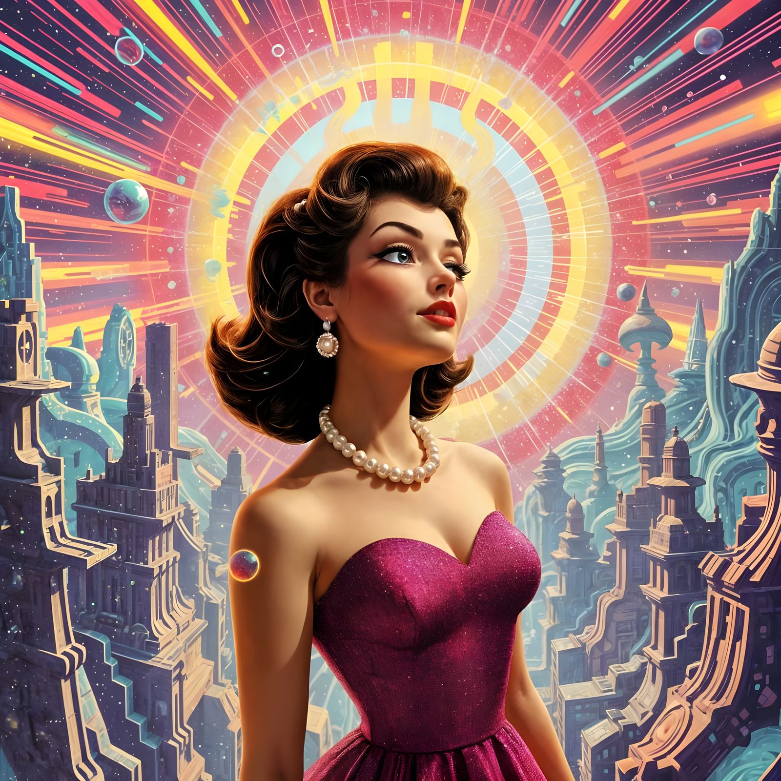 Vintage Animation Woman Dissolves into Psychedelic Pixels