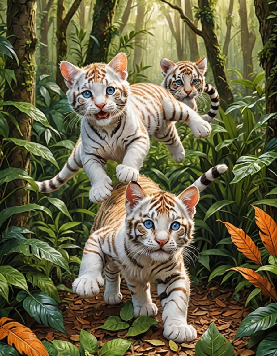 Playful Tiger Cubs and Tabby Cat in Forest
