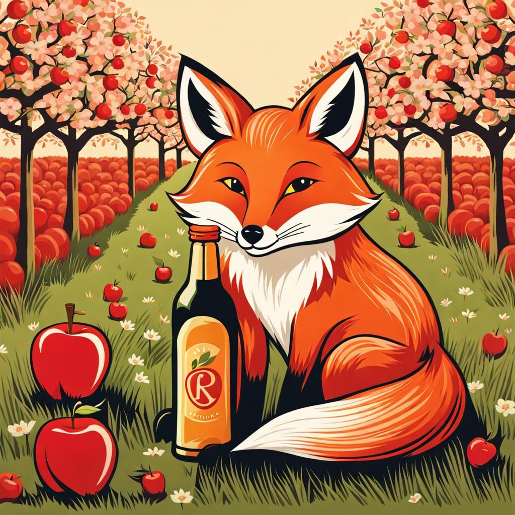 Fox with Cider in Apple Orchard
