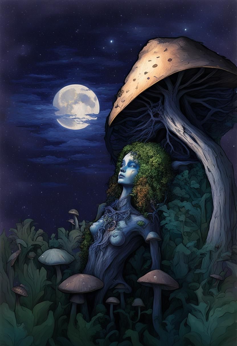 Moonlit Night Sky with Overgrown Vegetation