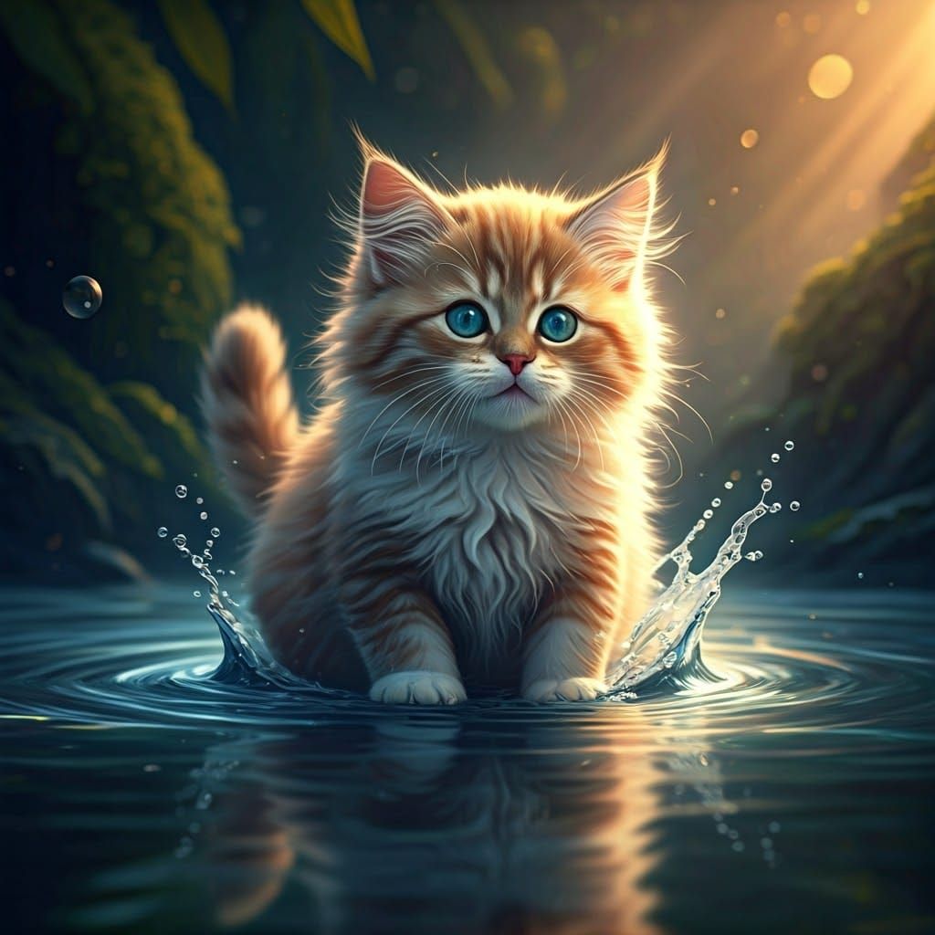 Fluffy Kitten Plays in Pool: Hyper-Realistic Digital Art