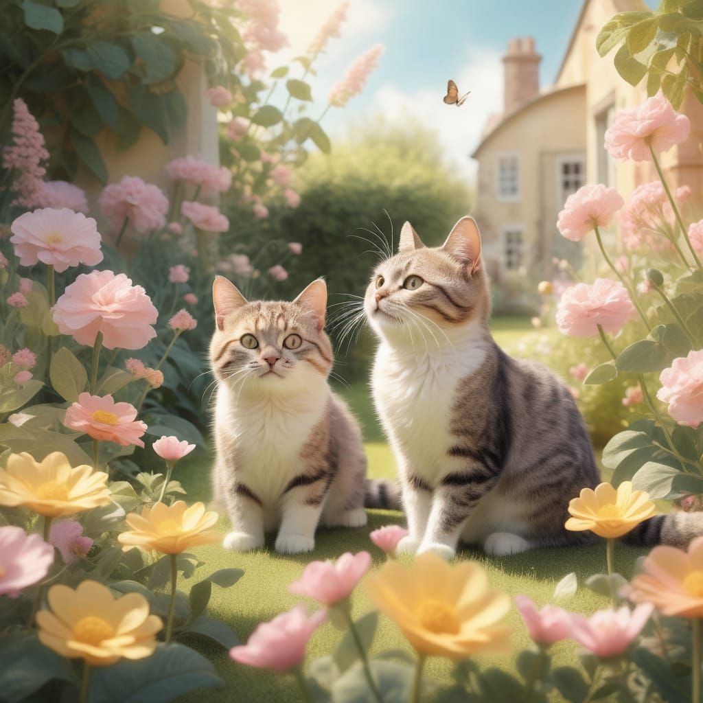 Whimsical Cats in a Sunny Garden