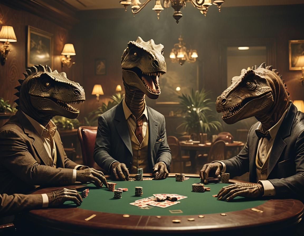Dinosaurs Play Poker in a Smoky, Cinematic Lounge