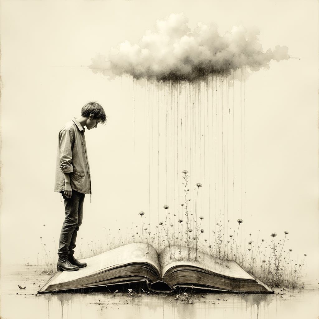 Surreal Illustration of Man Nurturing Ideas from a Book