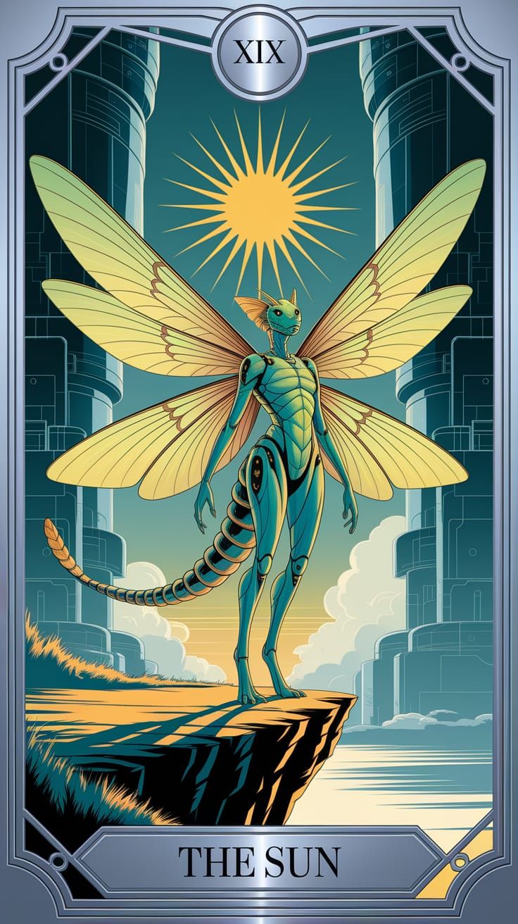 The Sun Tarot Card with Cyberpunk Dragonfly