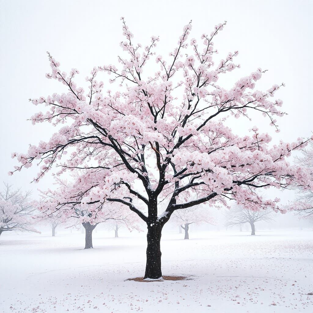 Kyoto Cherry Blossoms in Snow: Ukiyo-e Style