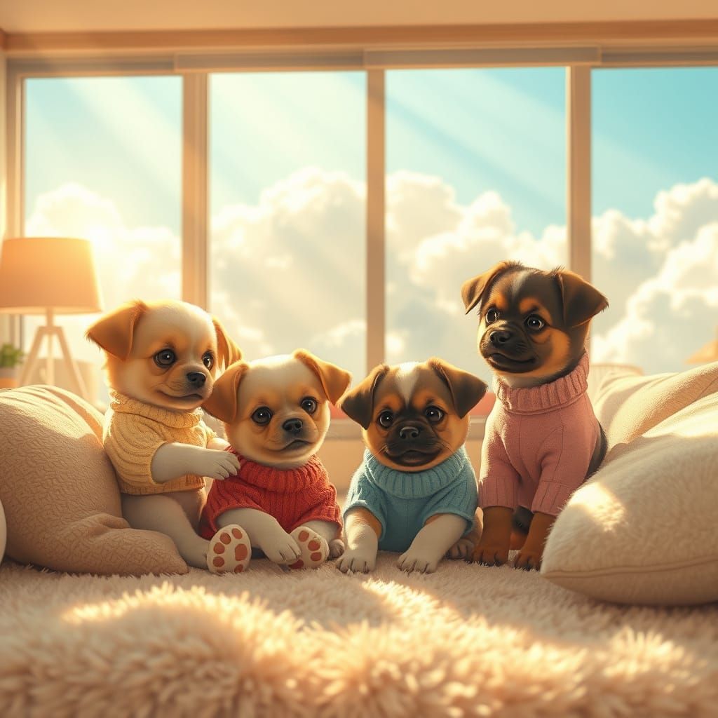 Puppies in Cozy Sweaters in Anime Style